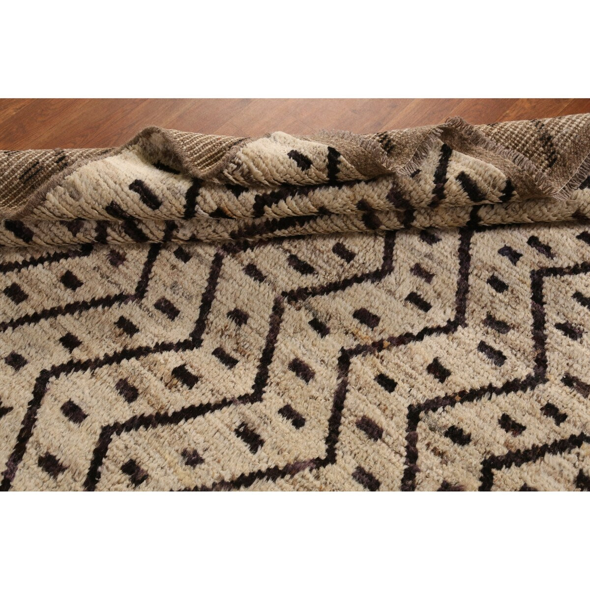 Geometric Beige Moroccan Oriental Area Rug Hand-Knotted Wool Carpet - 6'11" x 9'7"