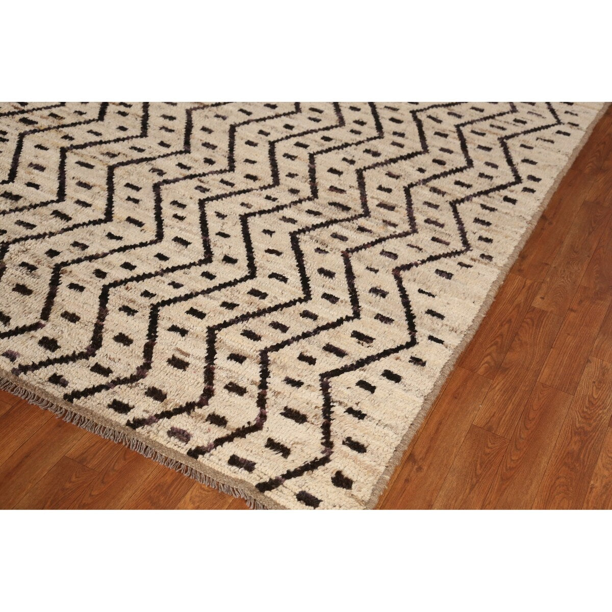 Geometric Beige Moroccan Oriental Area Rug Hand-Knotted Wool Carpet - 6'11" x 9'7"