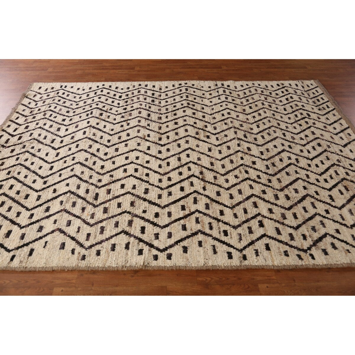 Geometric Beige Moroccan Oriental Area Rug Hand-Knotted Wool Carpet - 6'11" x 9'7"