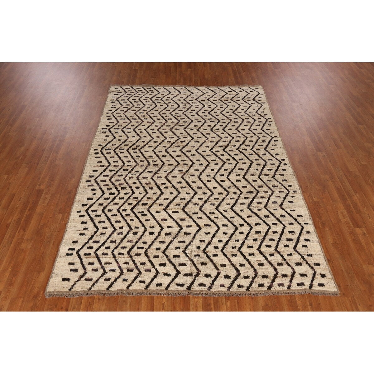 Geometric Beige Moroccan Oriental Area Rug Hand-Knotted Wool Carpet - 6'11" x 9'7"