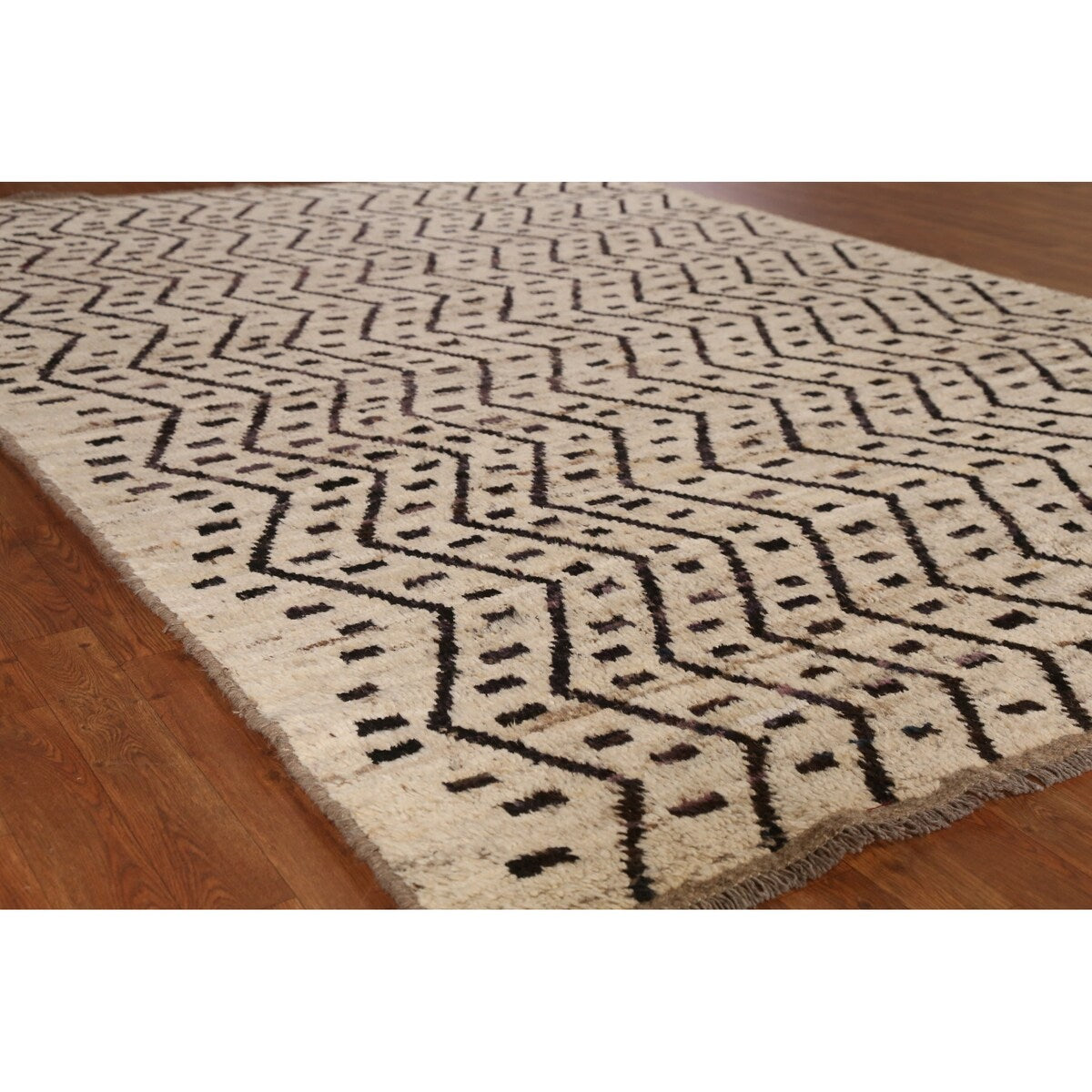 Geometric Beige Moroccan Oriental Area Rug Hand-Knotted Wool Carpet - 6'11" x 9'7"