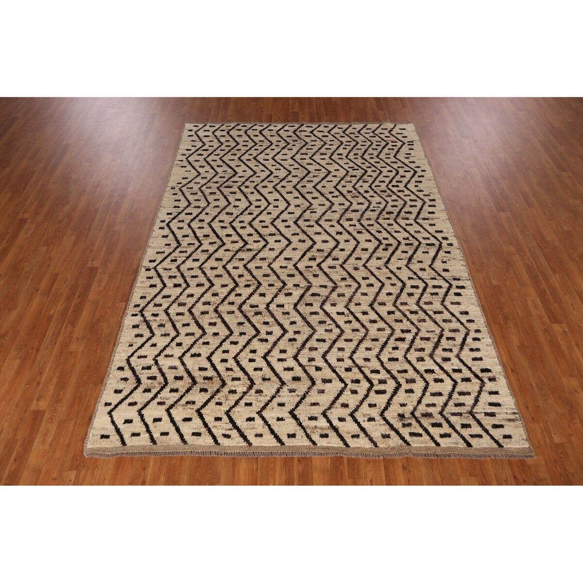 Geometric Beige Moroccan Oriental Area Rug Hand-Knotted Wool Carpet - 6'11" x 9'7"