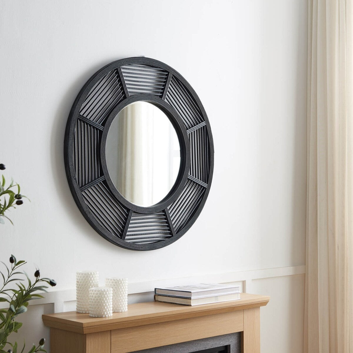 Geometric Black Bamboo 31.75" Round Wall Mirror