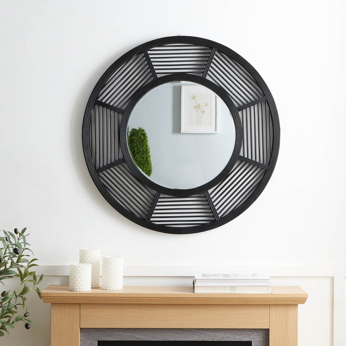 Geometric Black Bamboo 31.75" Round Wall Mirror