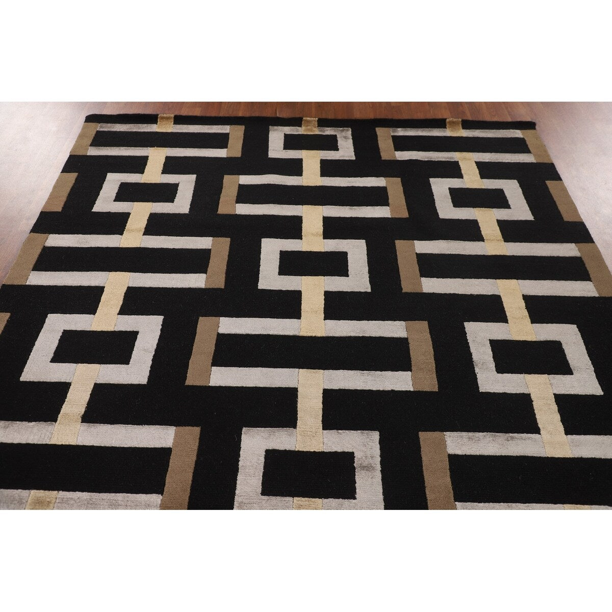 Geometric Black Nepalese Indian Area Rug Handmade Wool Carpet - 6'0" x 8'9"