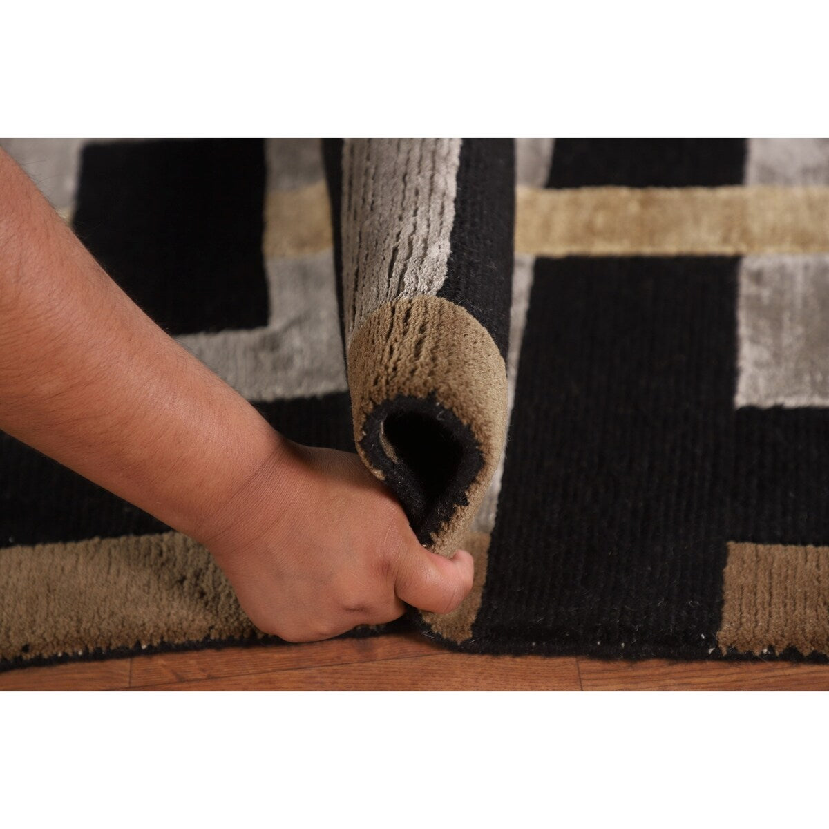 Geometric Black Nepalese Indian Area Rug Handmade Wool Carpet - 6'0" x 8'9"