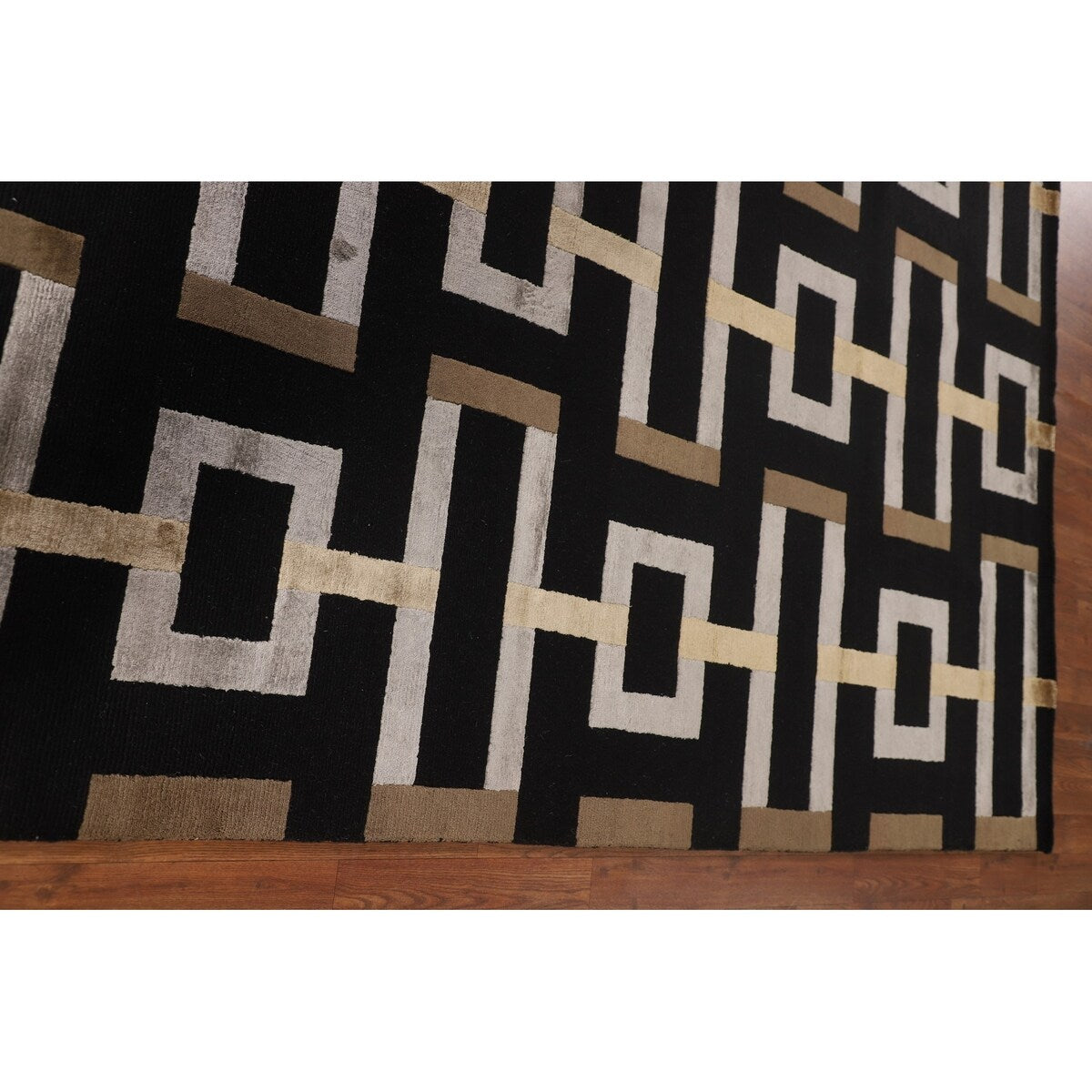 Geometric Black Nepalese Indian Area Rug Handmade Wool Carpet - 6'0" x 8'9"