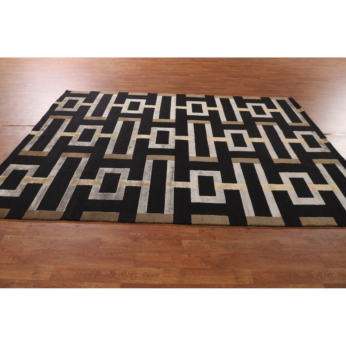 Geometric Black Nepalese Indian Area Rug Handmade Wool Carpet - 6'0" x 8'9"