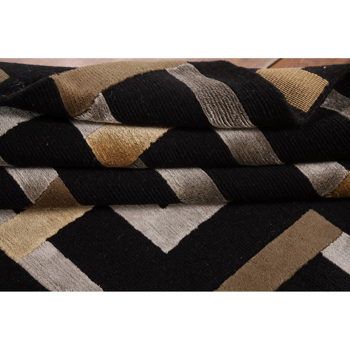 Geometric Black Nepalese Indian Area Rug Handmade Wool Carpet - 6'0" x 8'9"