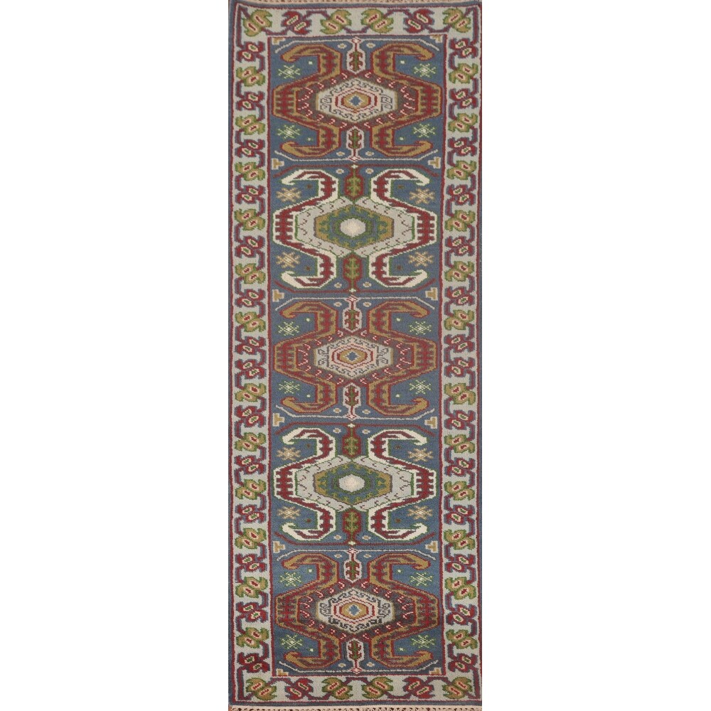 Geometric Blue Kazak Oriental Runner Rug Handmade Wool Carpet - 2'7"x 10'1"