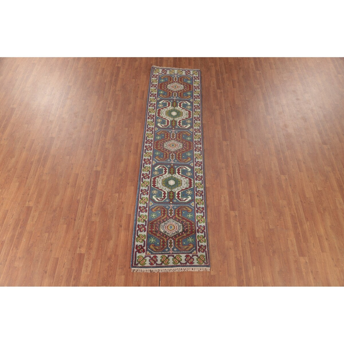 Geometric Blue Kazak Oriental Runner Rug Handmade Wool Carpet - 2'7"x 10'1"