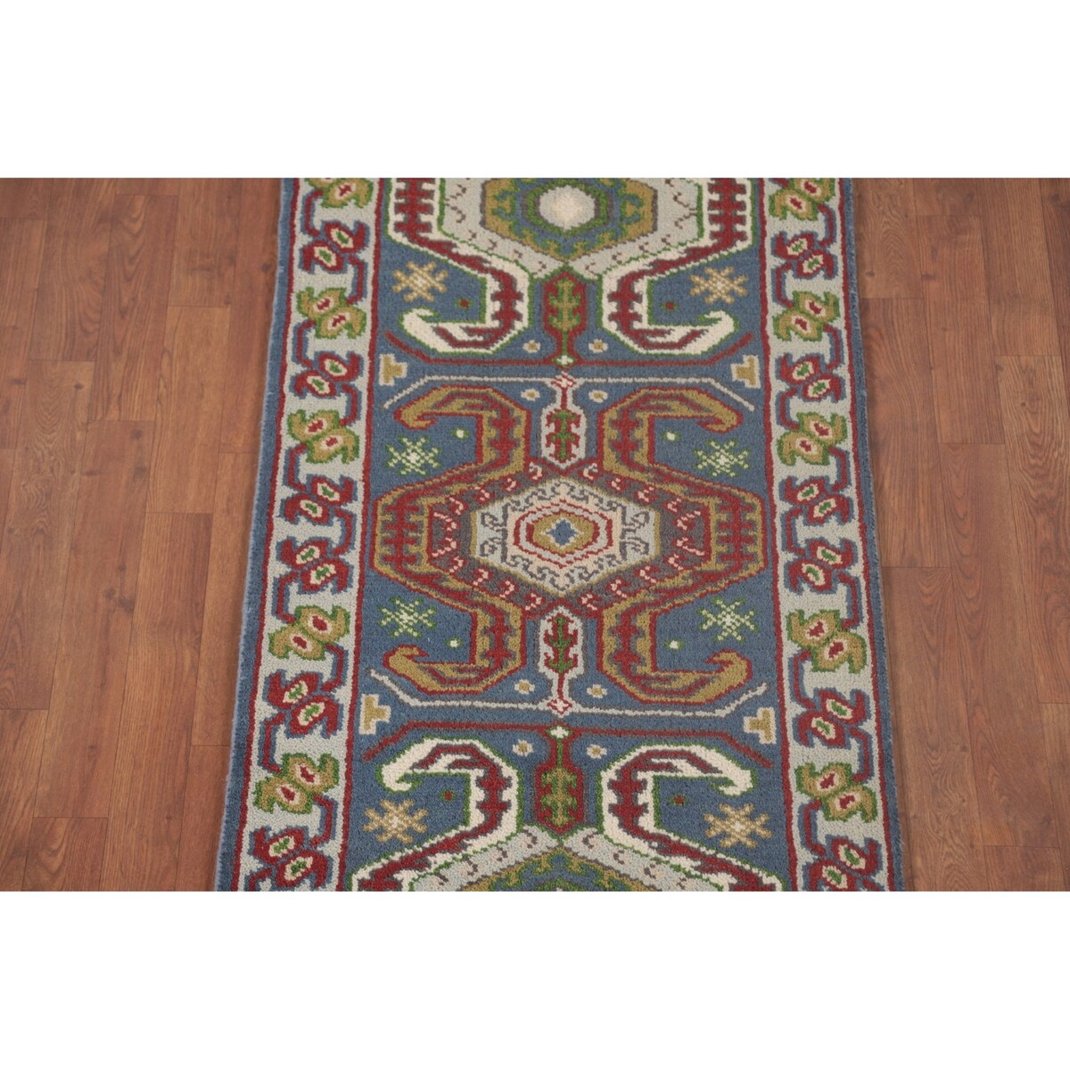 Geometric Blue Kazak Oriental Runner Rug Handmade Wool Carpet - 2'7"x 10'1"