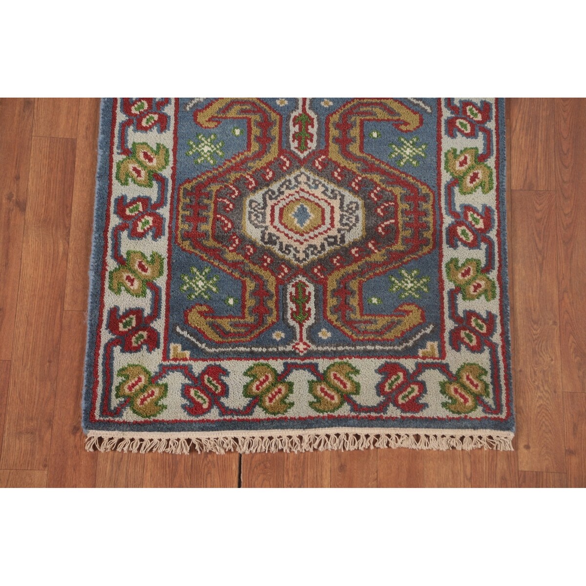 Geometric Blue Kazak Oriental Runner Rug Handmade Wool Carpet - 2'7"x 10'1"