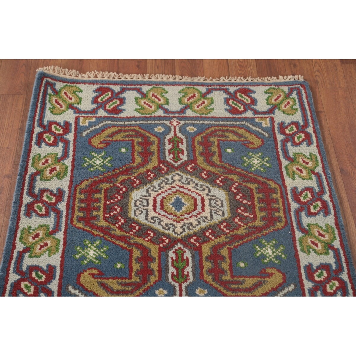 Geometric Blue Kazak Oriental Runner Rug Handmade Wool Carpet - 2'7"x 10'1"