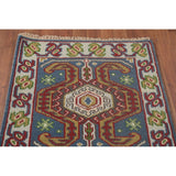 Geometric Blue Kazak Oriental Runner Rug Handmade Wool Carpet - 2'7"x 10'1"