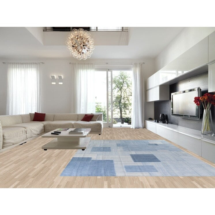Geometric Blue Kilim Turkish Area Rug Hand-Woven Silk Carpet - 9'10"x 13'1"