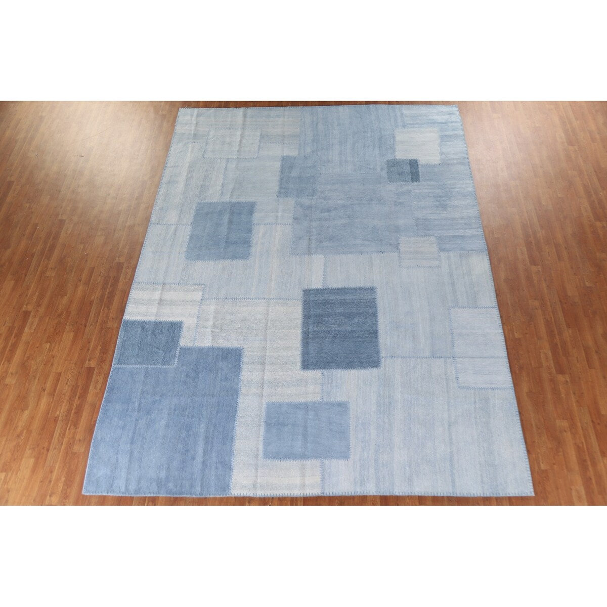 Geometric Blue Kilim Turkish Area Rug Hand-Woven Silk Carpet - 9'10"x 13'1"