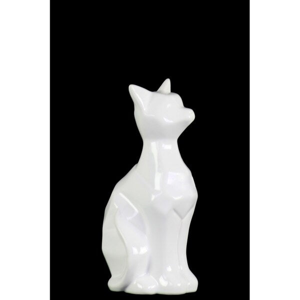 Geometric Designed Ceramic Cat Figurine In Sitting Posture, White