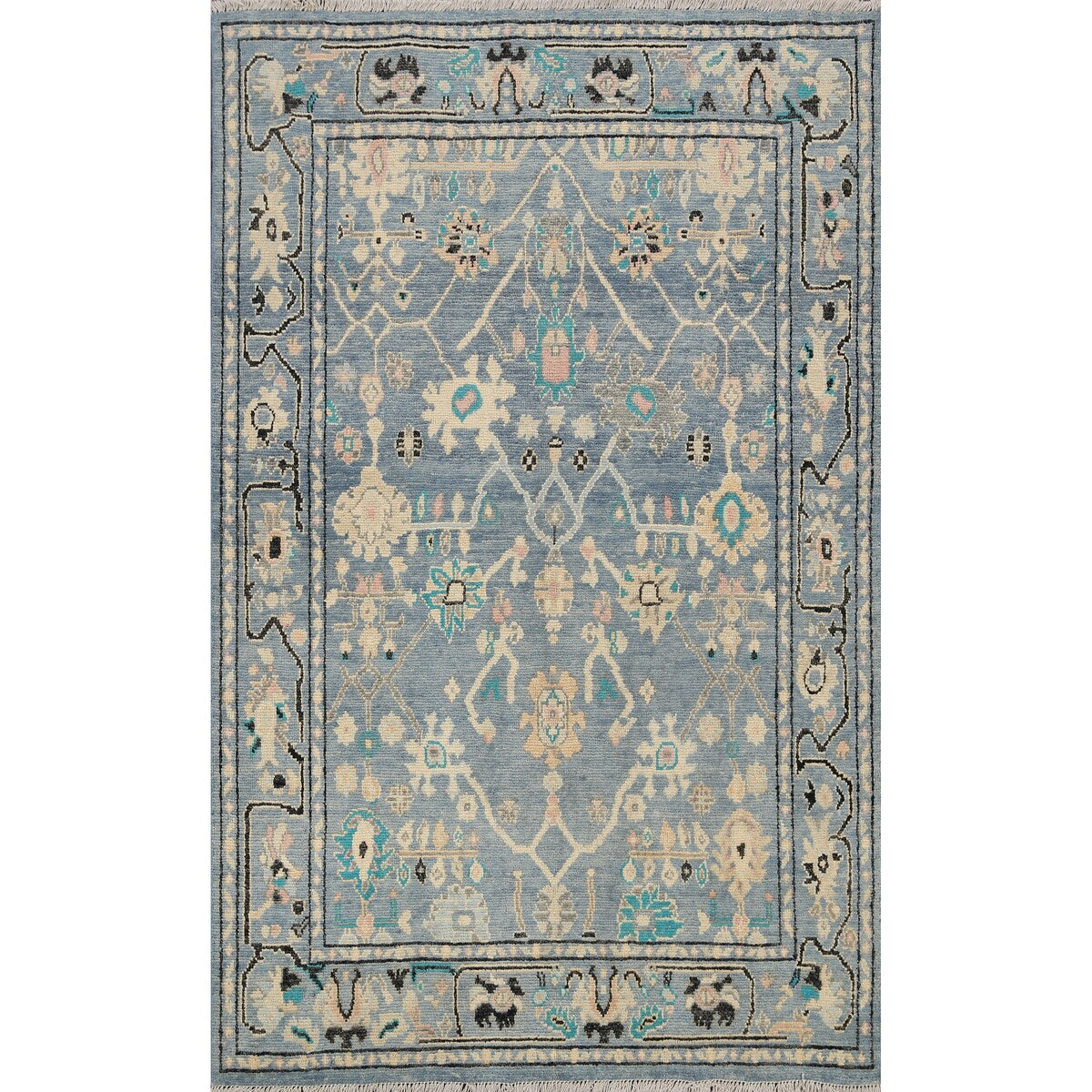 Geometric Floral Authentic Oushak Turkish Wool Area Rug Hand-knotted - 4'7" x 6'2"