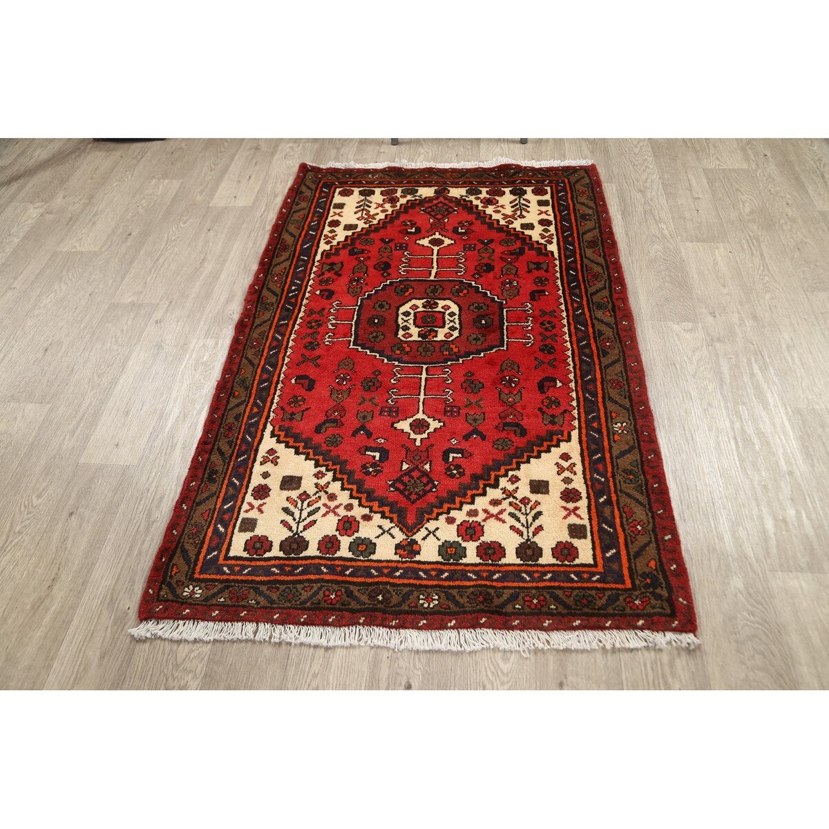 Geometric Hamedan Persian Kitchen Area Rug Handmade Wool Carpet - 3'3" x 4'11"