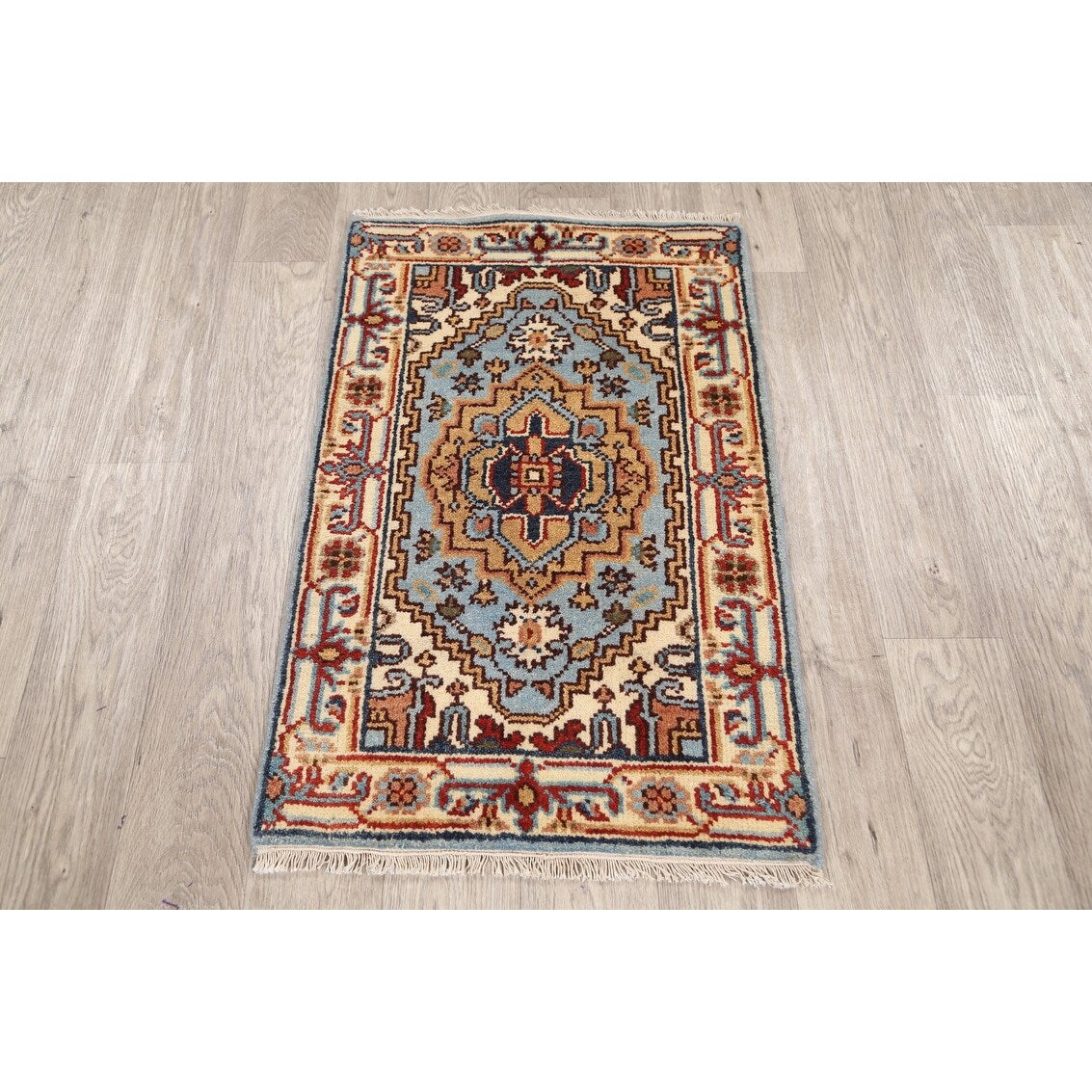 Geometric Heriz Oriental Light Blue Wool Rug Hand-knotted Foyer Carpet - 2'0" x 3'1"