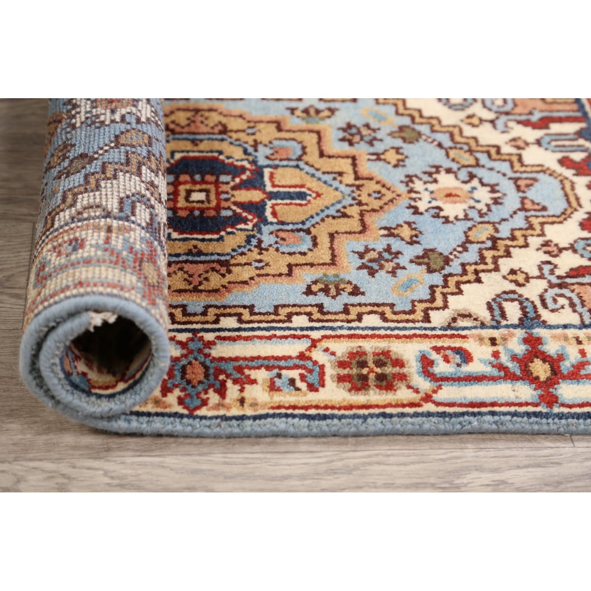 Geometric Heriz Oriental Light Blue Wool Rug Hand-knotted Foyer Carpet - 2'0" x 3'1"