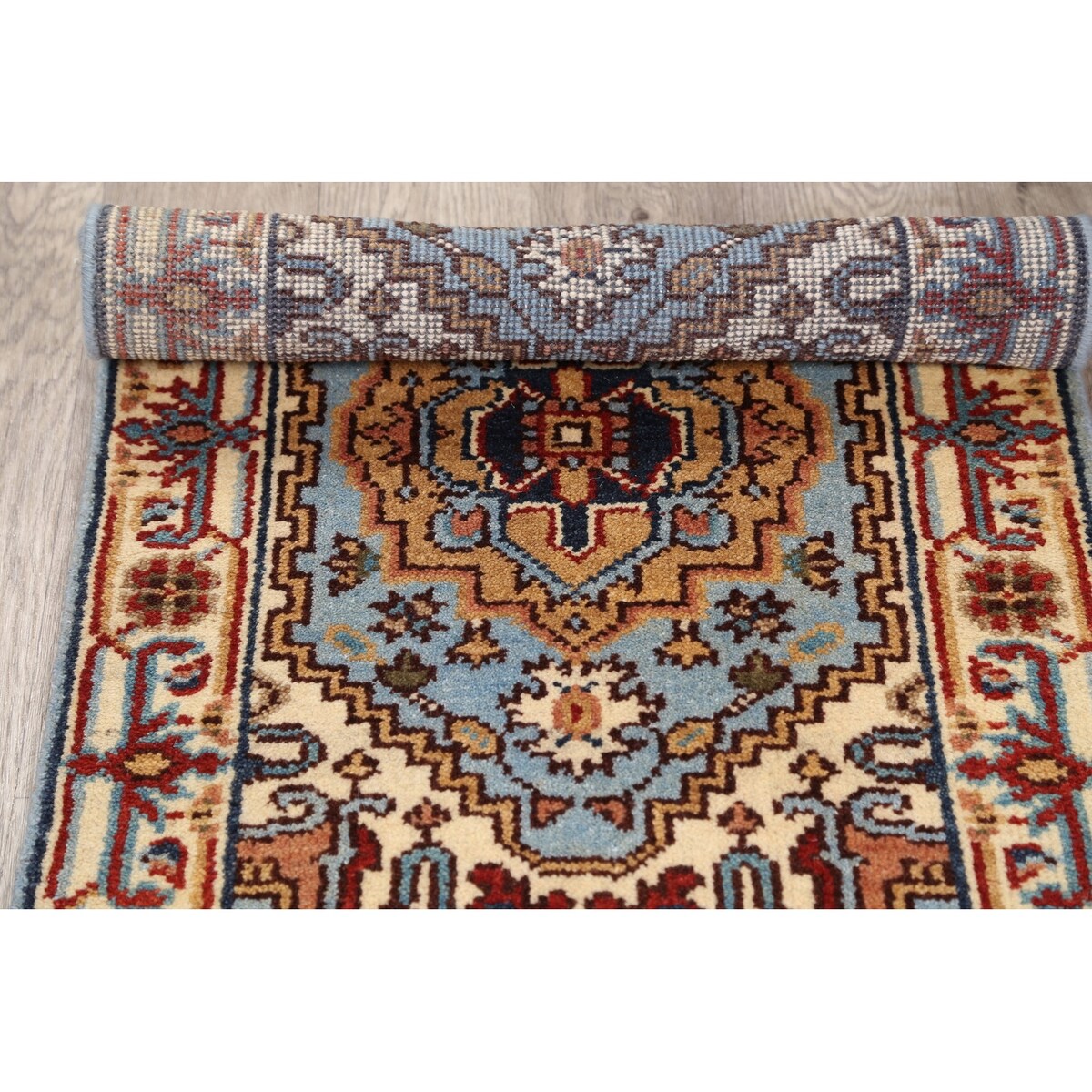 Geometric Heriz Oriental Light Blue Wool Rug Hand-knotted Foyer Carpet - 2'0" x 3'1"