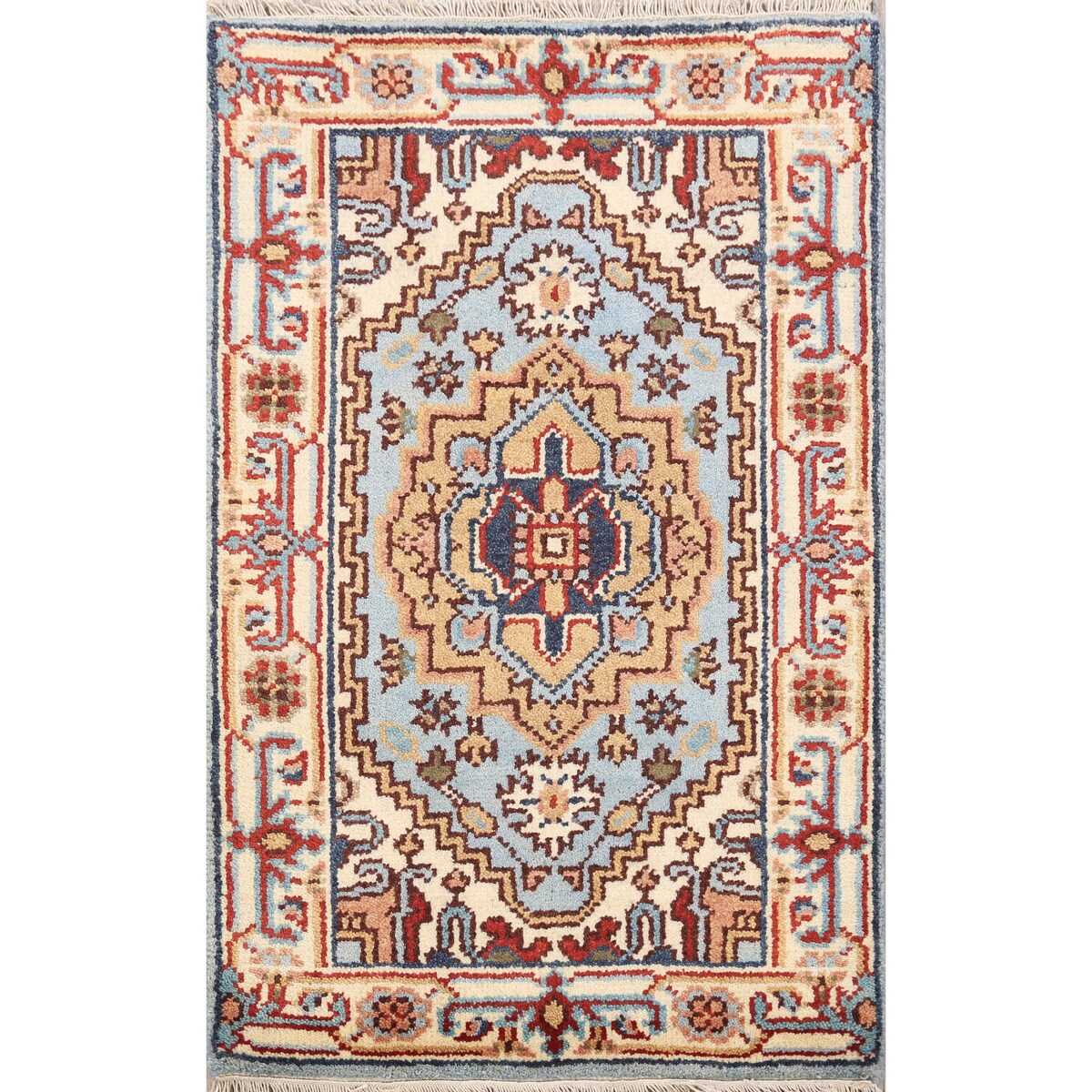 Geometric Heriz Oriental Light Blue Wool Rug Hand-knotted Foyer Carpet - 2'0" x 3'1"