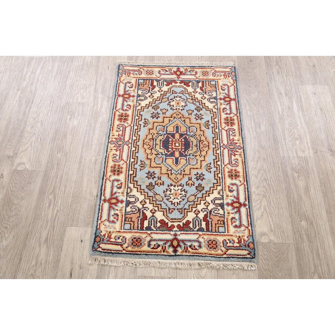 Geometric Heriz Oriental Light Blue Wool Rug Hand-knotted Foyer Carpet - 2'0" x 3'1"