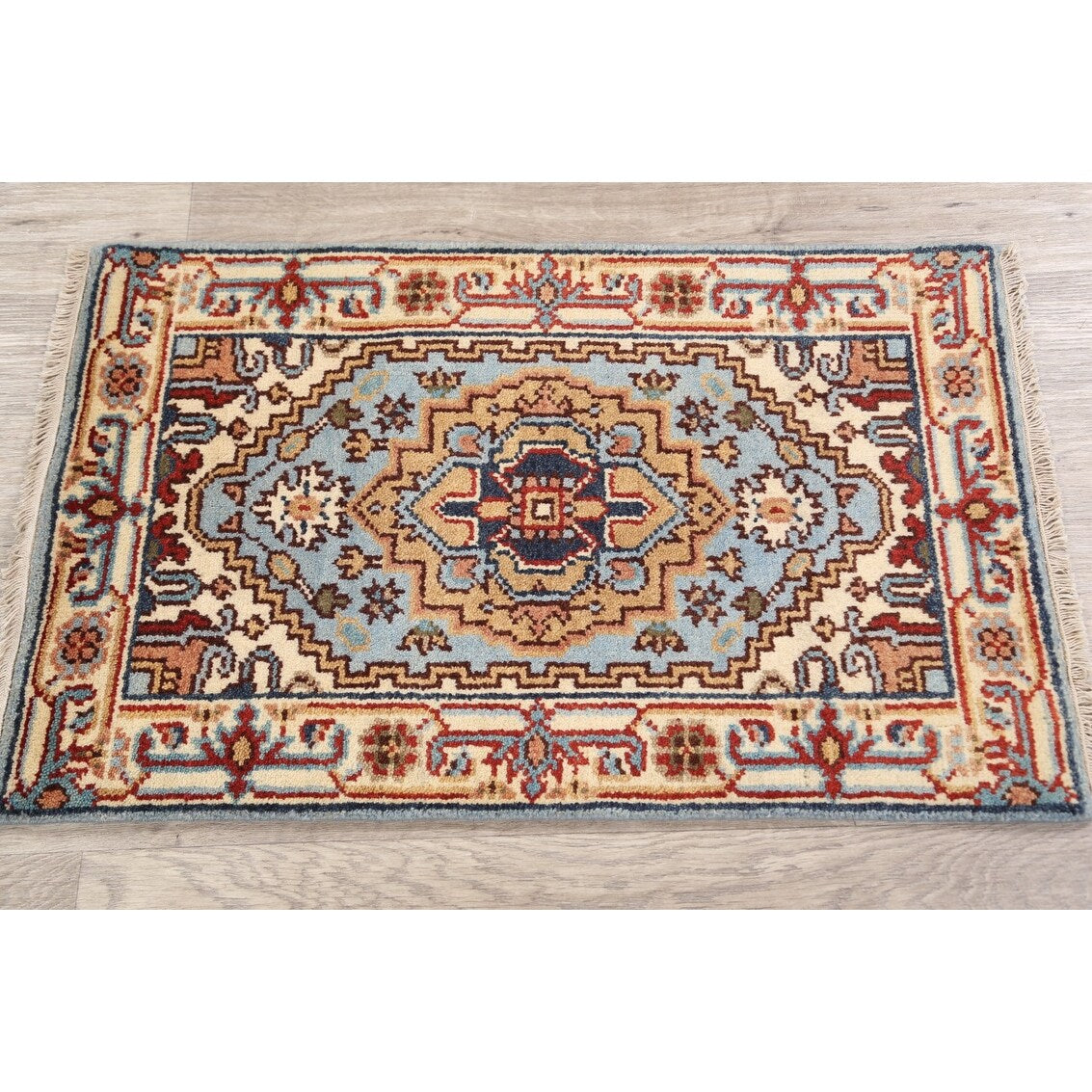 Geometric Heriz Oriental Light Blue Wool Rug Hand-knotted Foyer Carpet - 2'0" x 3'1"