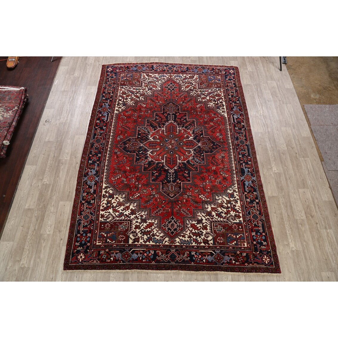 Geometric Heriz Persian Red Area Rug Wool Handmade Living Room Carpet - 7'9" x 11'1"