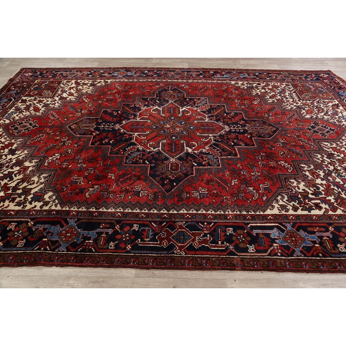 Geometric Heriz Persian Red Area Rug Wool Handmade Living Room Carpet - 7'9" x 11'1"