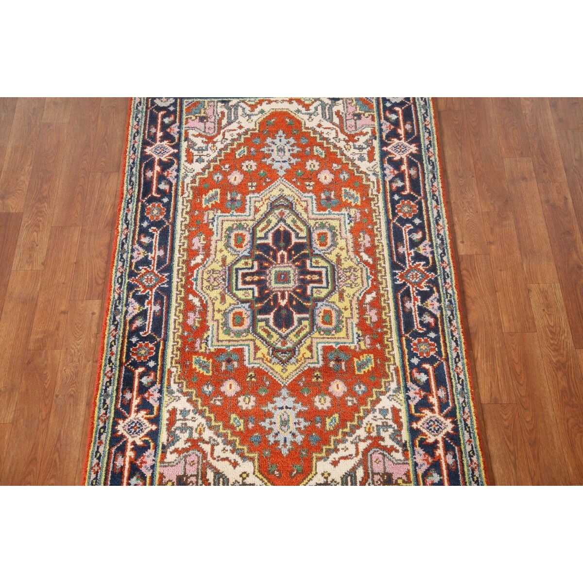 Geometric Heriz-Serapi Accent Rug Handmade Orange Wool Carpet - 3'0"x 5'7"