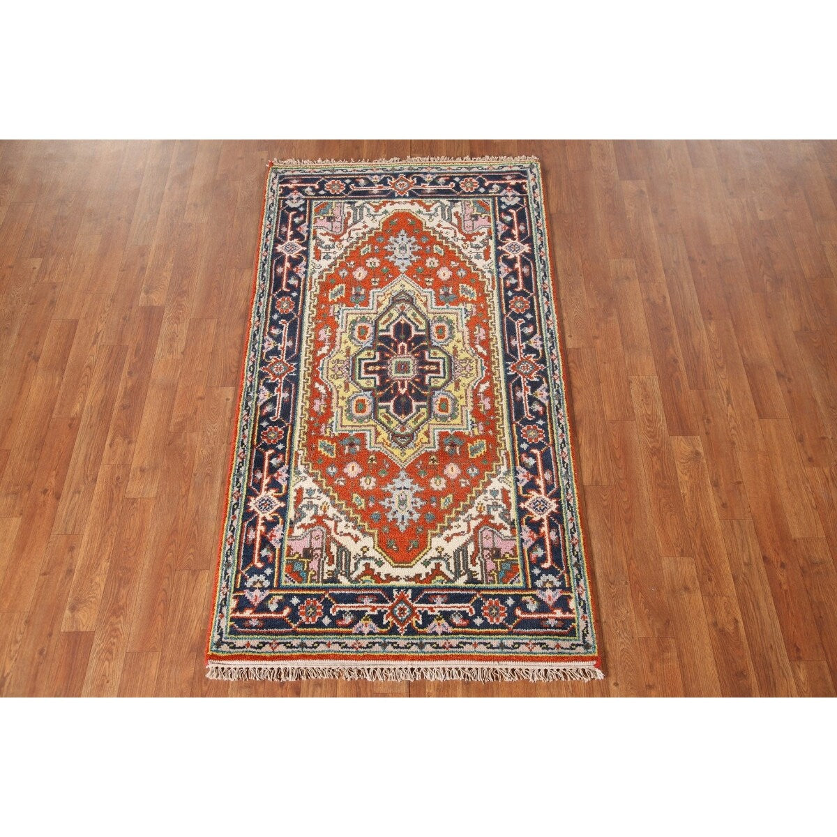 Geometric Heriz-Serapi Accent Rug Handmade Orange Wool Carpet - 3'0"x 5'7"