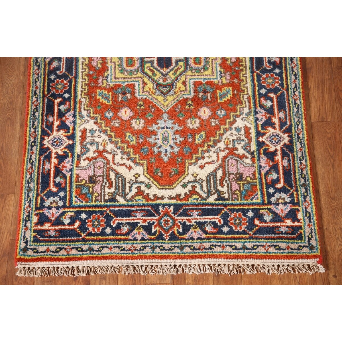 Geometric Heriz-Serapi Accent Rug Handmade Orange Wool Carpet - 3'0"x 5'7"