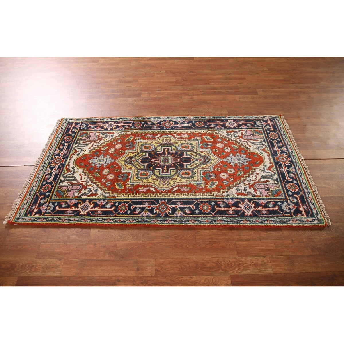 Geometric Heriz-Serapi Accent Rug Handmade Orange Wool Carpet - 3'0"x 5'7"