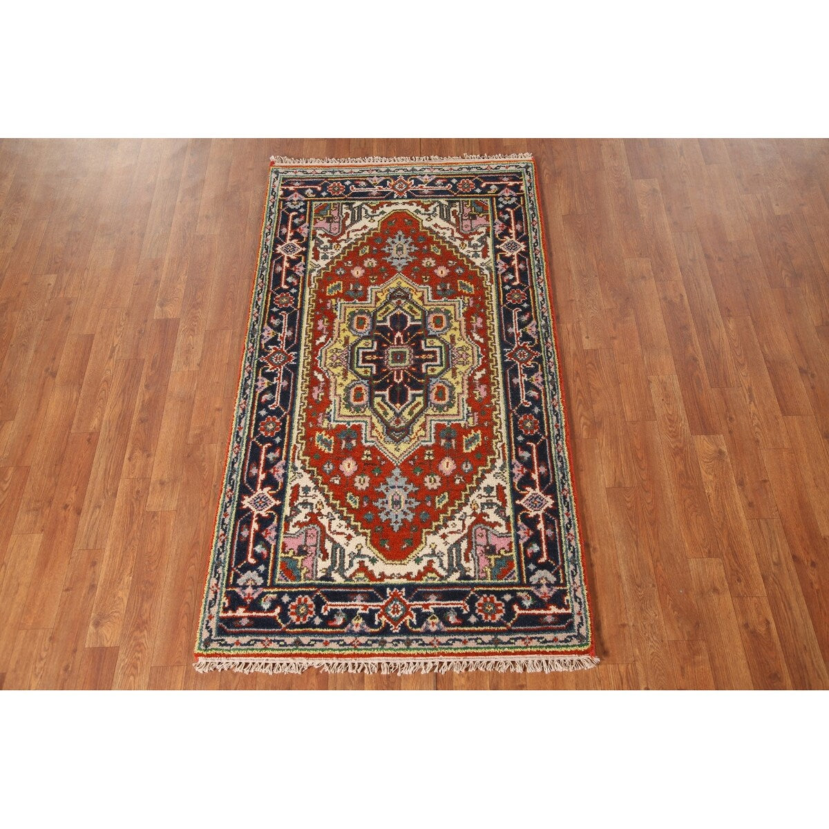 Geometric Heriz-Serapi Accent Rug Handmade Orange Wool Carpet - 3'0"x 5'7"