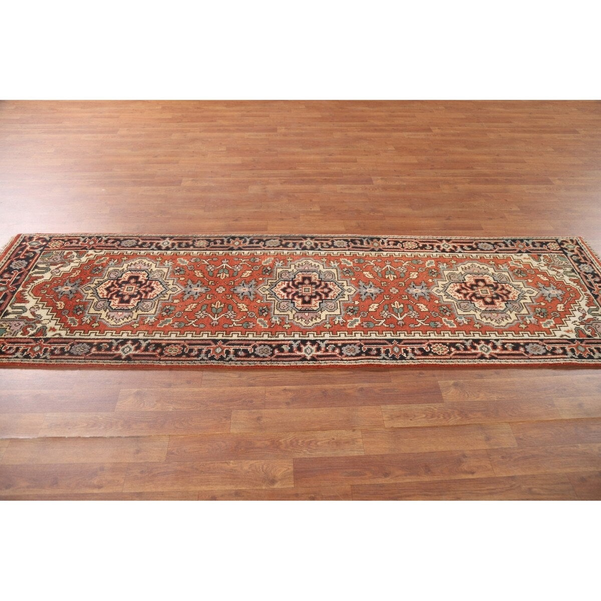 Geometric Heriz Serapi Indo Runner Rug Handmade Wool Carpet - 2'5" x 8'3"