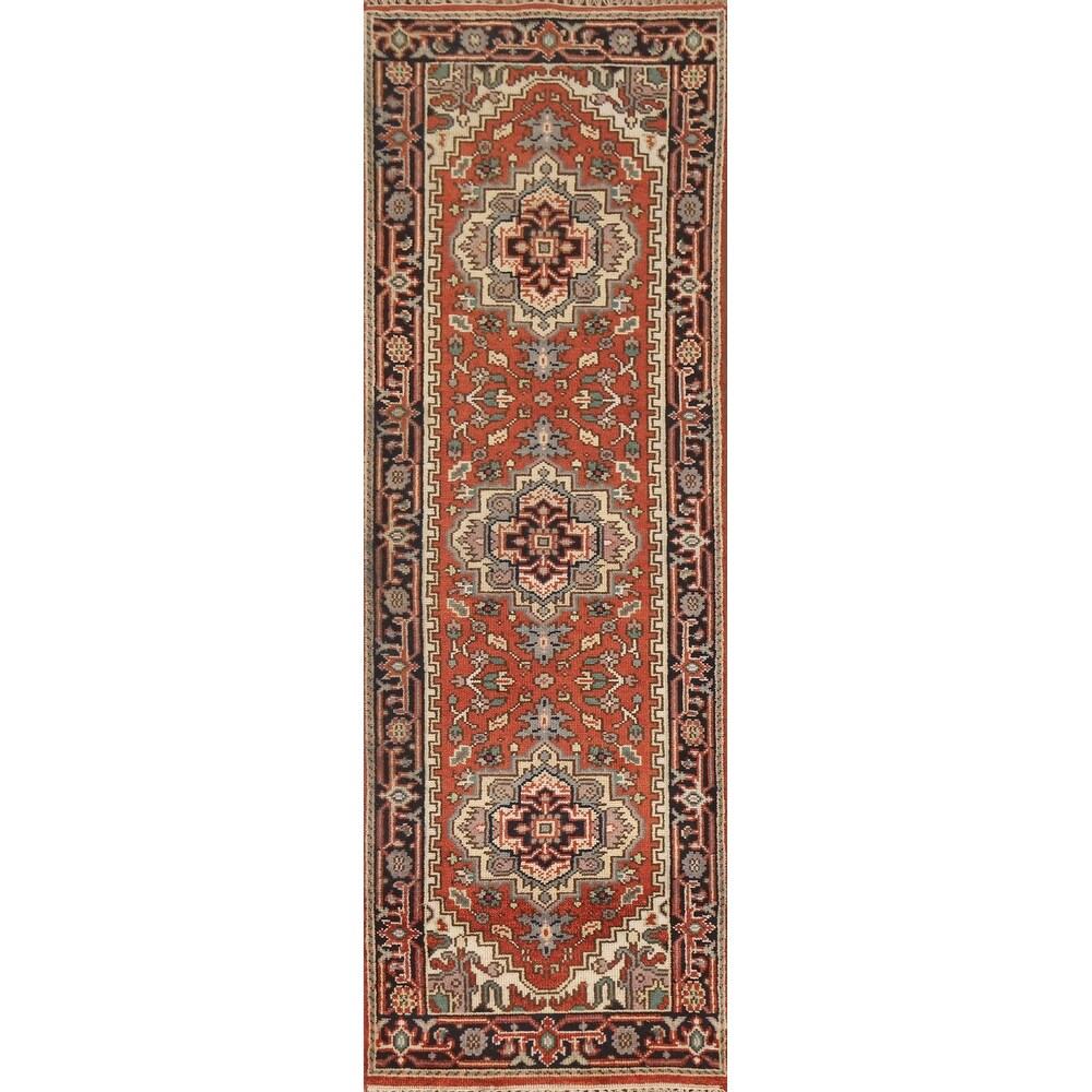 Geometric Heriz Serapi Indo Runner Rug Handmade Wool Carpet - 2'5" x 8'3"