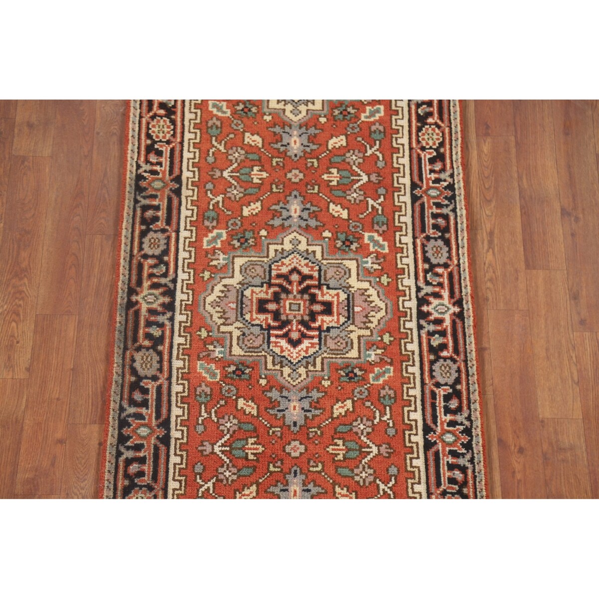 Geometric Heriz Serapi Indo Runner Rug Handmade Wool Carpet - 2'5" x 8'3"
