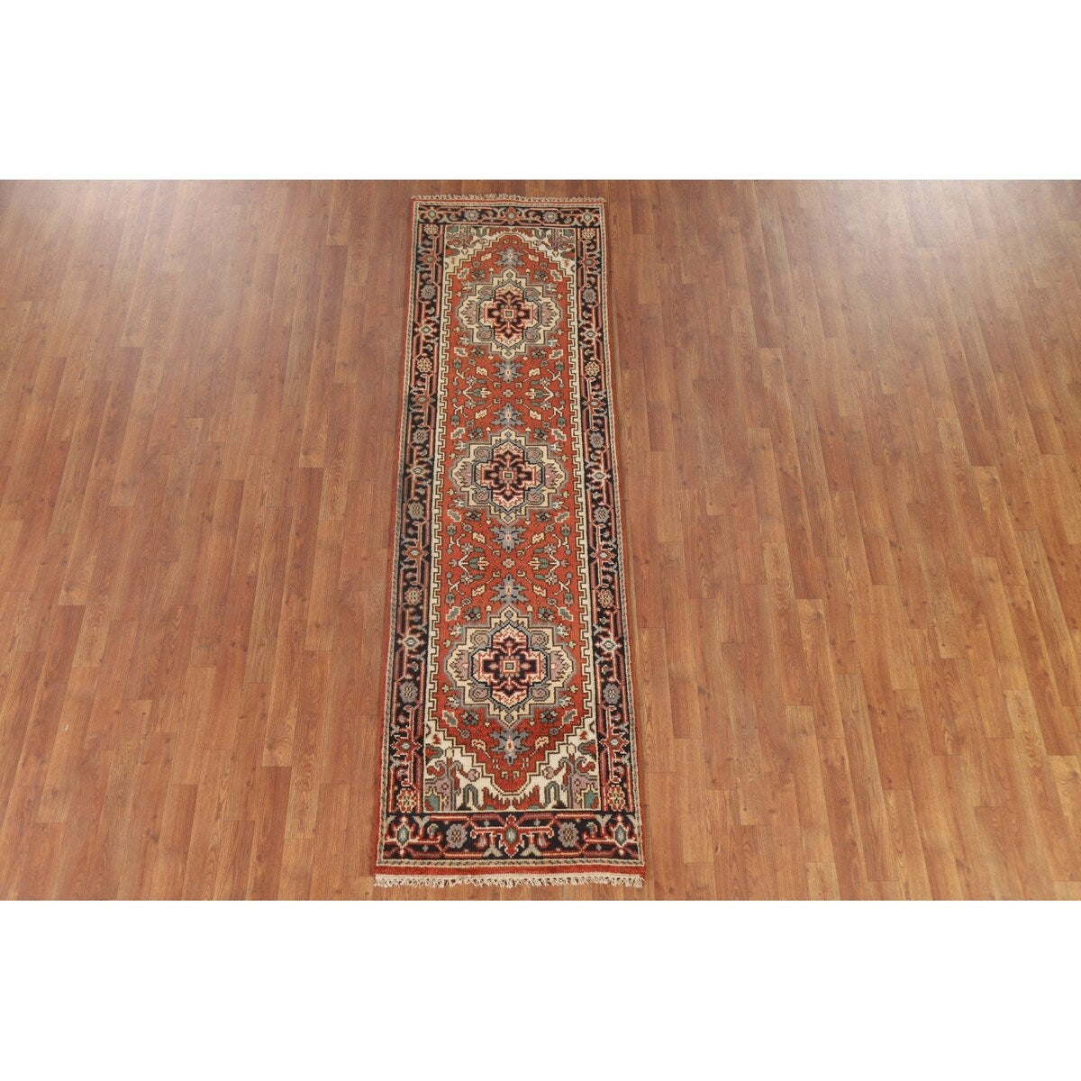 Geometric Heriz Serapi Indo Runner Rug Handmade Wool Carpet - 2'5" x 8'3"