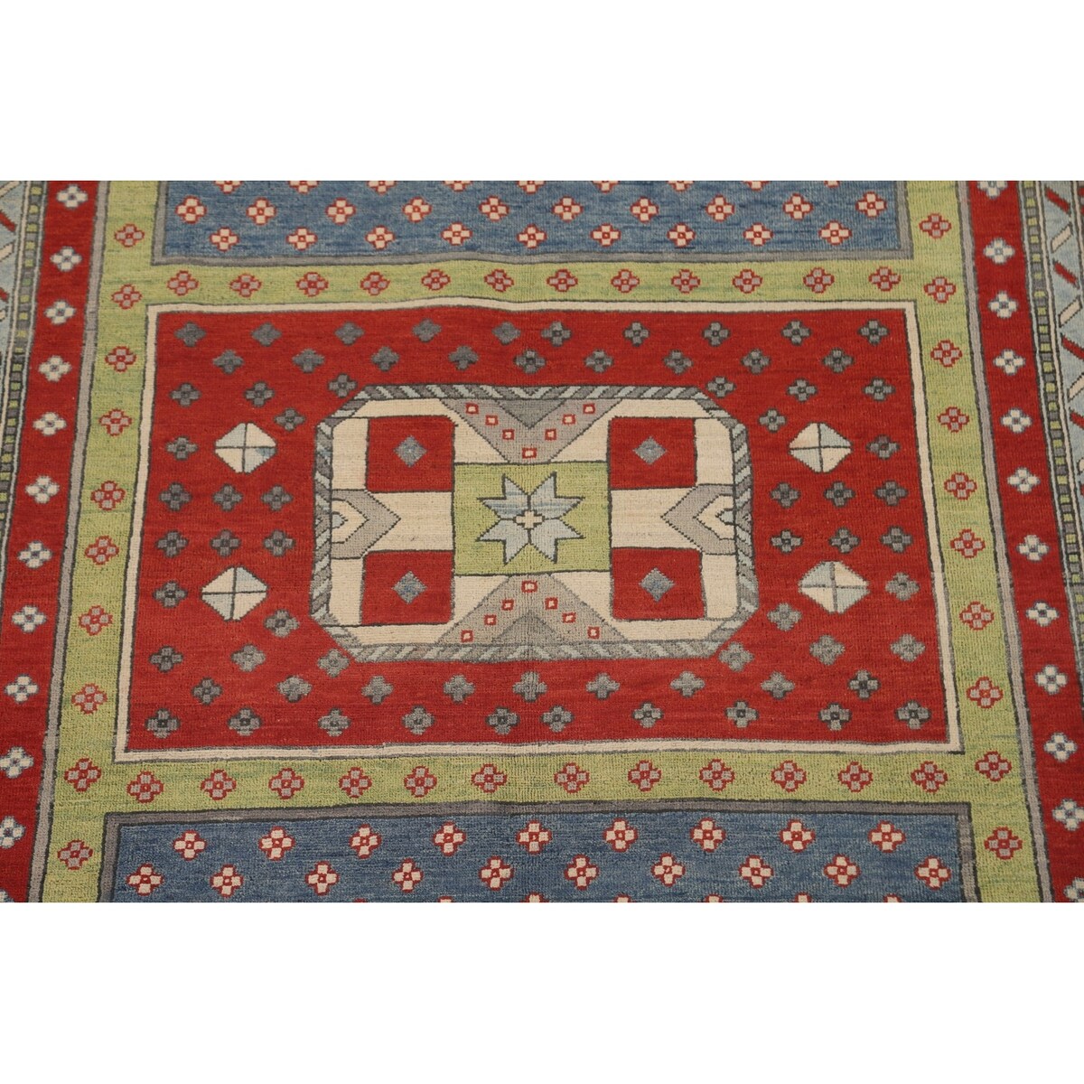 Geometric Kazak Area Rug Hand-Knotted Multi-Color Wool Carpet - 5'11" x 9'2"