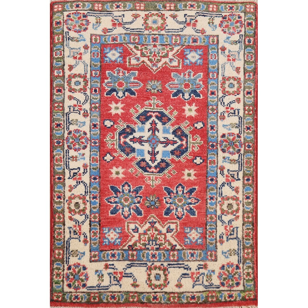 Geometric Kazak Oriental Accent Rug Hand-Knotted Red Wool Carpet - 2'0