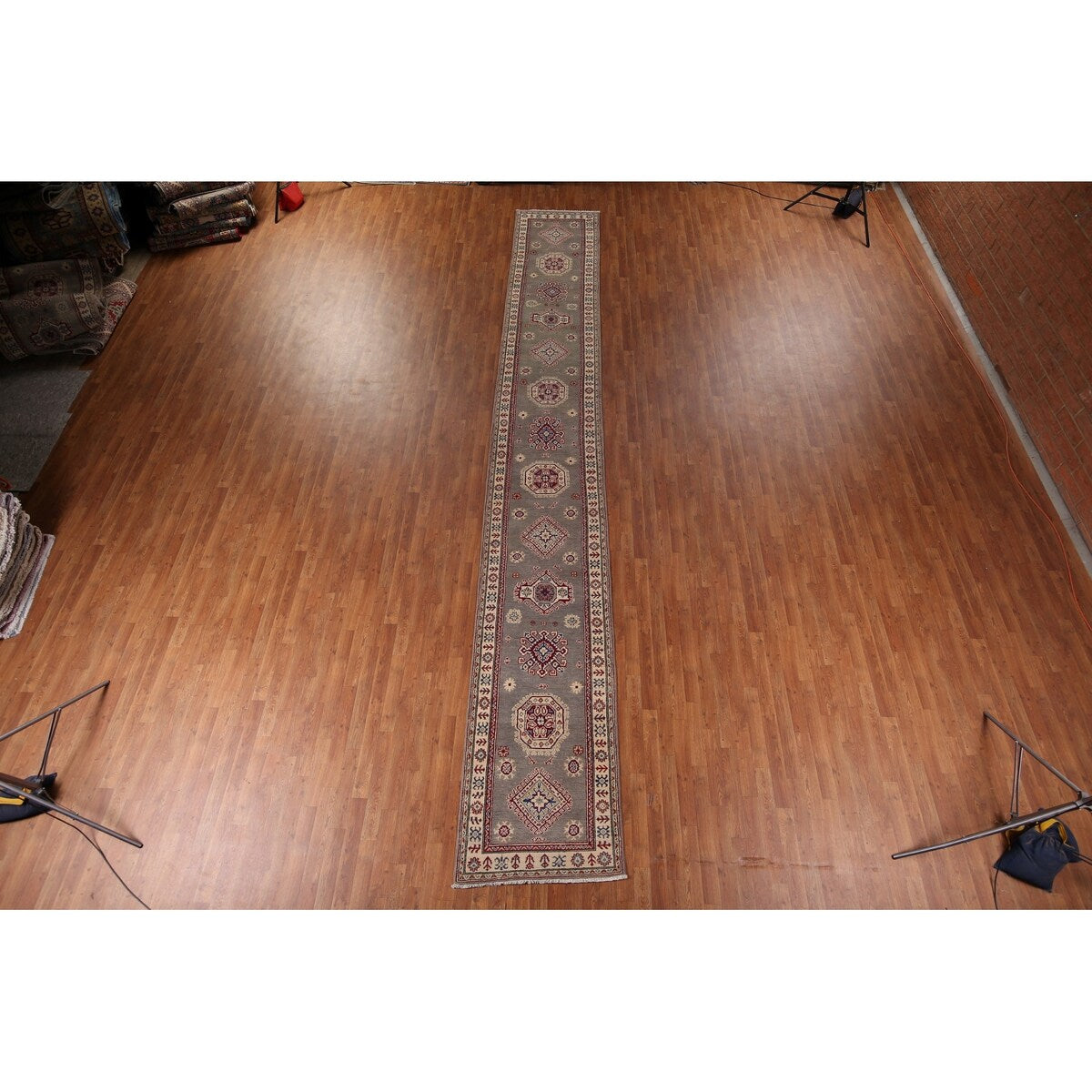 Geometric Kazak Runner Rug Handmade Hallway Wool Carpet - 2'8" x 19'5"
