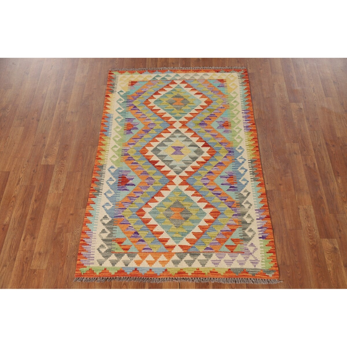 Geometric Kilim Area Rug Reversible Flatweave Oriental Wool Carpet - 3'3"x 5'1"