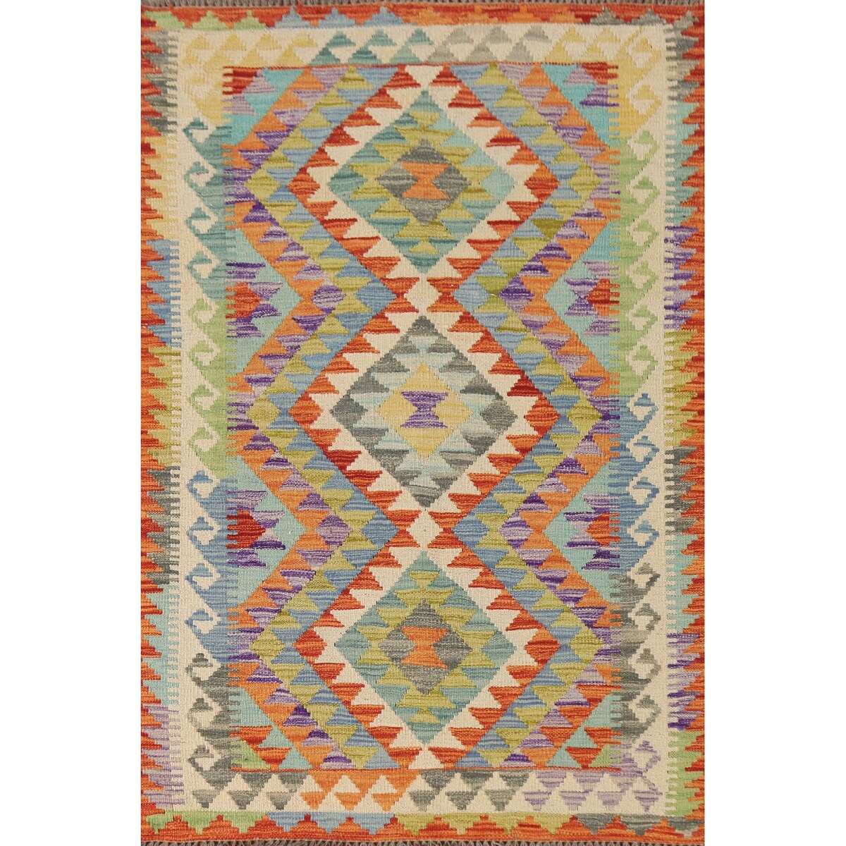 Geometric Kilim Area Rug Reversible Flatweave Oriental Wool Carpet - 3'3"x 5'1"