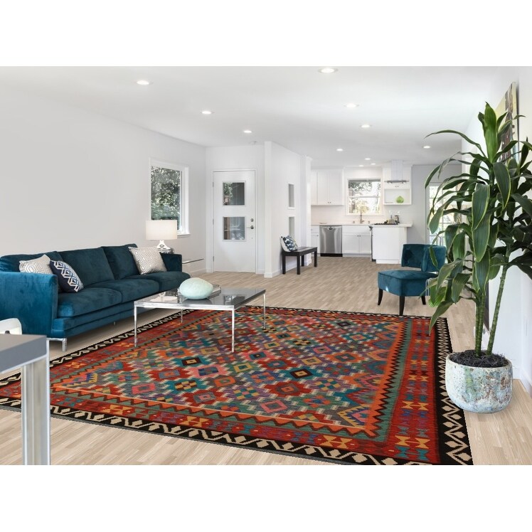 Geometric Kilim Oriental Area Rug Multi-Color Hand-Woven Wool Carpet - 8'3"x 9'10"