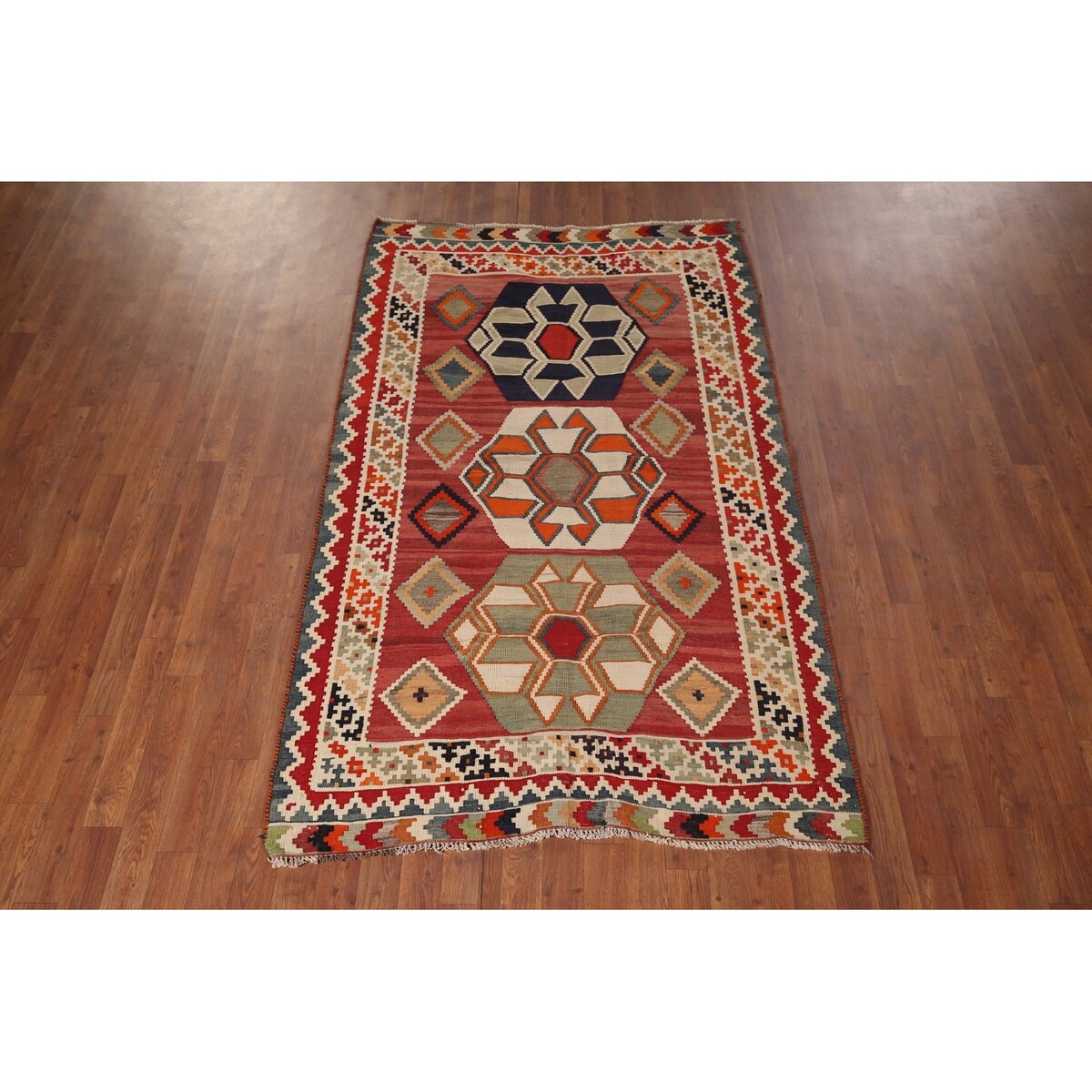 Geometric Kilim Qashqai Nomadic Persian Antique Flatweave Wool Carpet - 4'2"x 6'9"