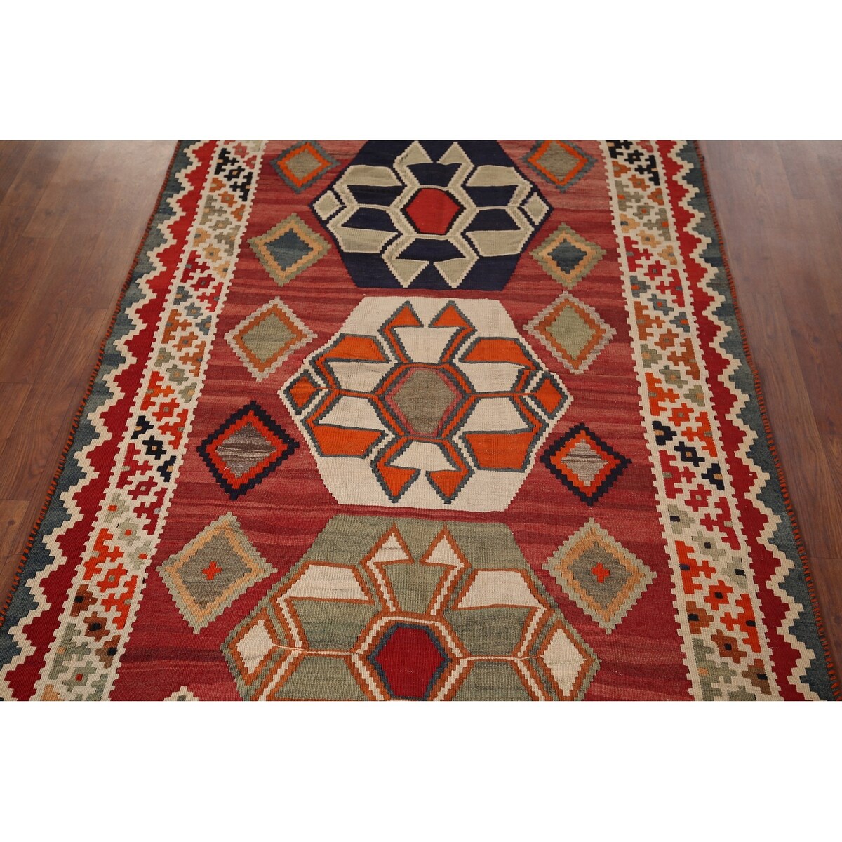 Geometric Kilim Qashqai Nomadic Persian Antique Flatweave Wool Carpet - 4'2"x 6'9"