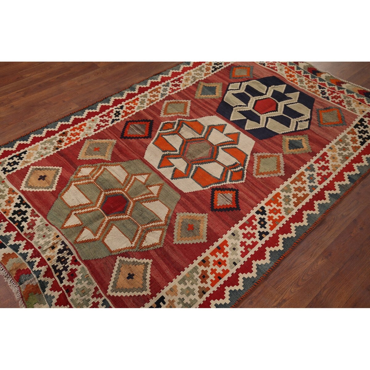 Geometric Kilim Qashqai Nomadic Persian Antique Flatweave Wool Carpet - 4'2"x 6'9"